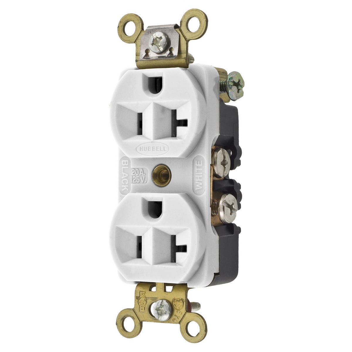 HBL5342W 1-Phase Compact Duplex Extra Heavy Duty Self-Grounding Standard Traditional Screw Mount Straight Blade Receptacle, 125 V AC, 20 A, 2 Poles, 3 Wires, White