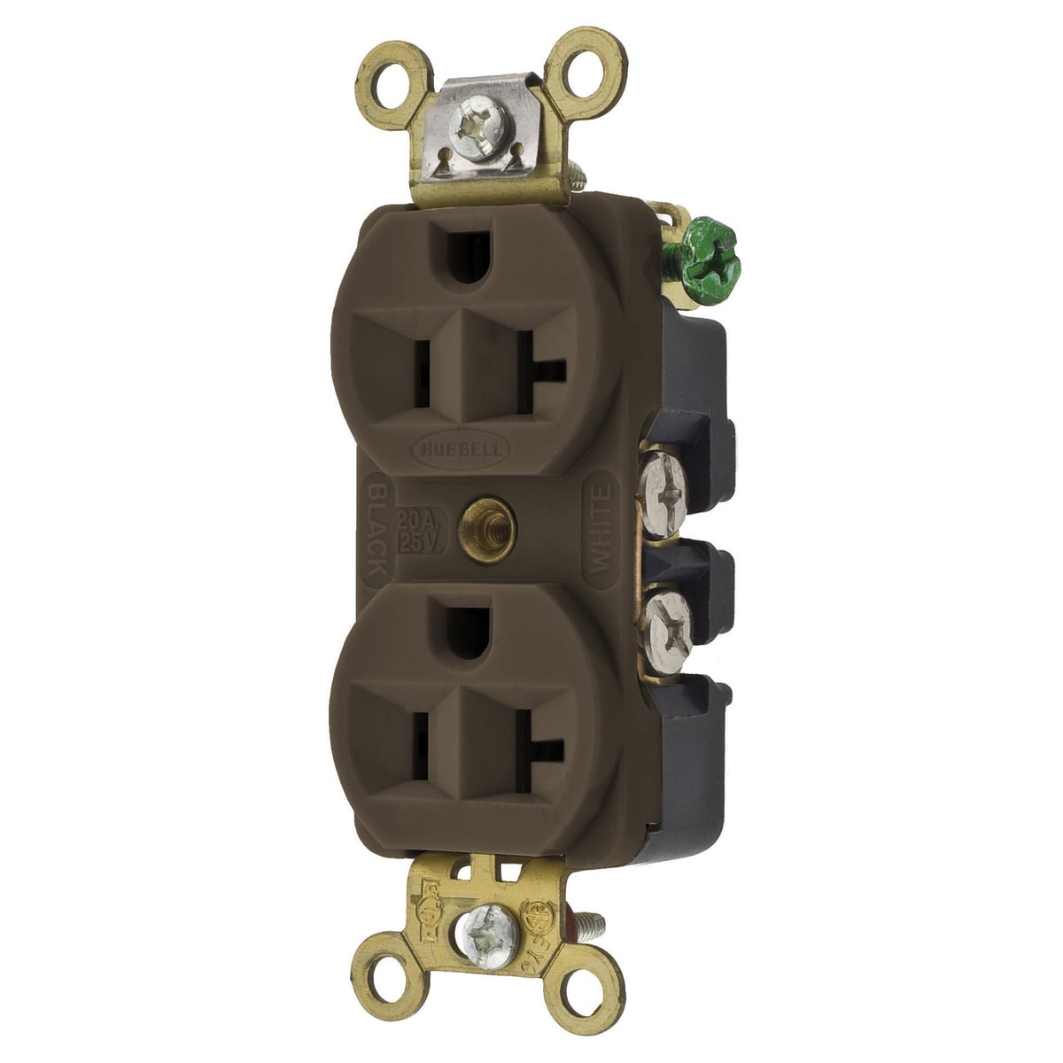 HBL5352 HBL 1-Phase Compact Duplex Extra Heavy Duty Self-Grounding Screw Mount Straight Blade Receptacle, 125 V AC, 20 A, 2 Poles, 3 Wires, Brown