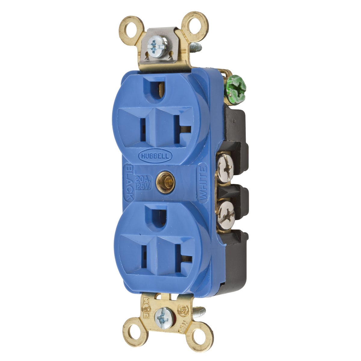 HBL5352BL 1-Phase Compact Duplex Extra Heavy Duty Self-Grounding Standard Traditional Screw Mount Straight Blade Receptacle, 125 V AC, 20 A, 2 Poles, 3 Wires, Blue