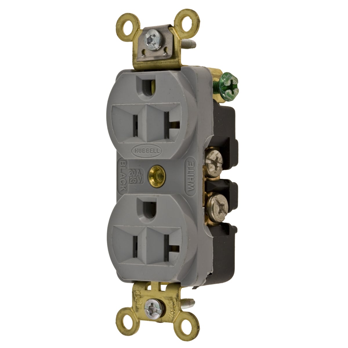 HBL5352GY HBL 1-Phase Compact Duplex Extra Heavy Duty Self-Grounding Standard Traditional Screw Mount Straight Blade Receptacle, 125 V AC, 20 A, 2 Poles, 3 Wires, Gray