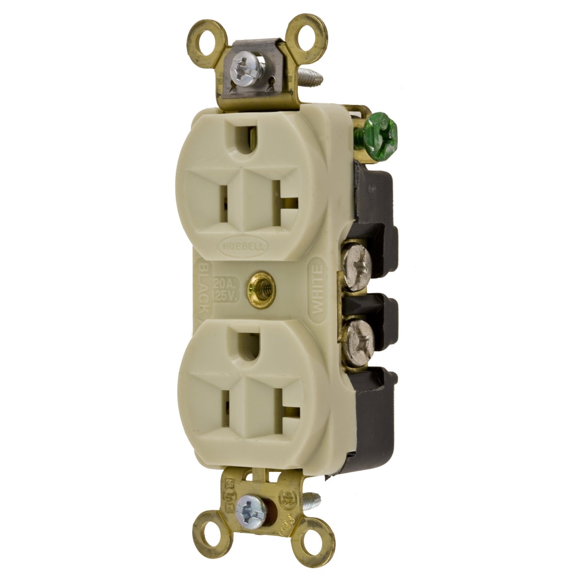 HBL5352I HBL 1-Phase Compact Duplex Extra Heavy Duty Self-Grounding Screw Mount Straight Blade Receptacle, 125 V AC, 20 A, 2 Poles, 3 Wires, Ivory