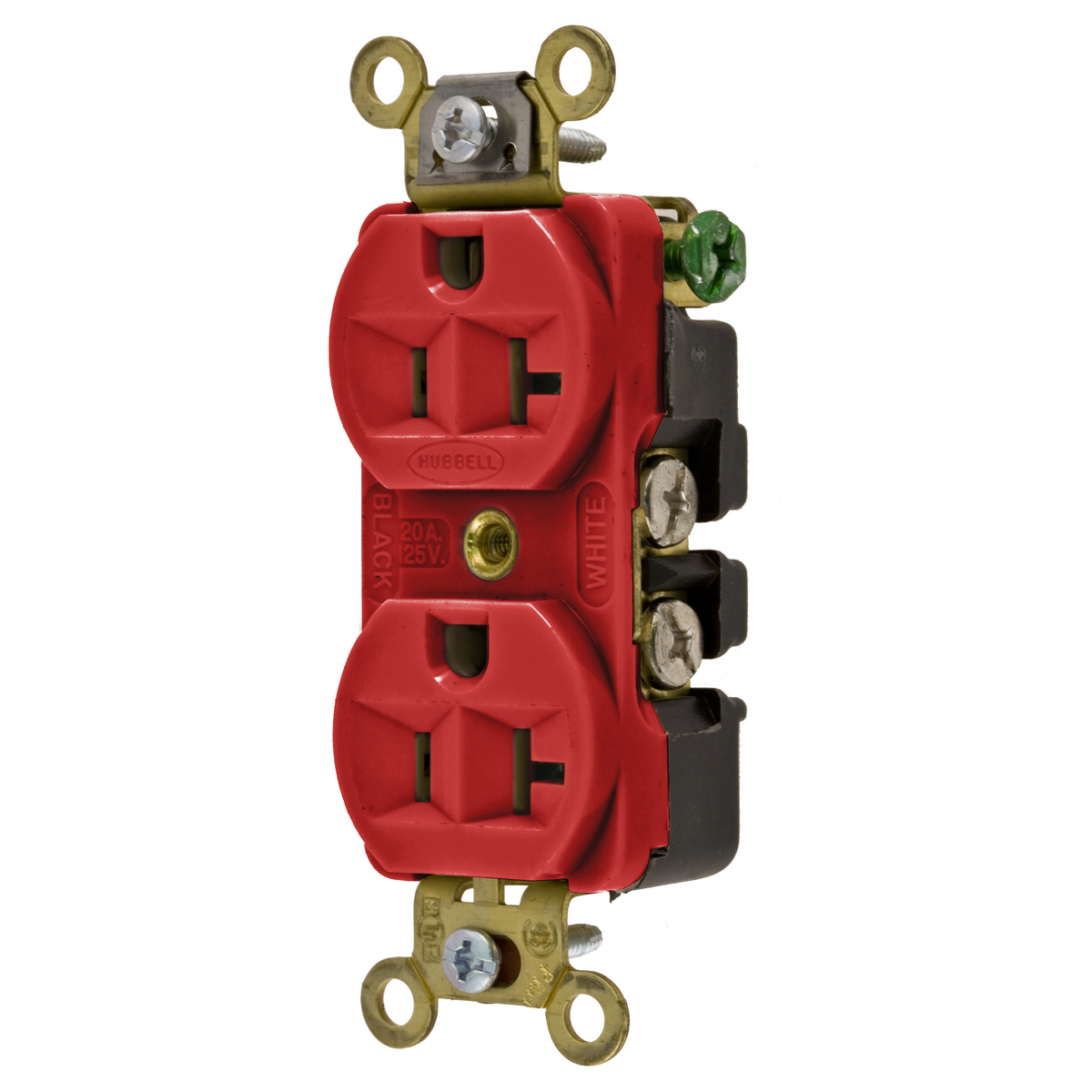 HBL5352R 1-Phase Compact Duplex Extra Heavy Duty Self-Grounding Screw Mount Straight Blade Receptacle, 125 V AC, 20 A, 2 Poles, 3 Wires, Red