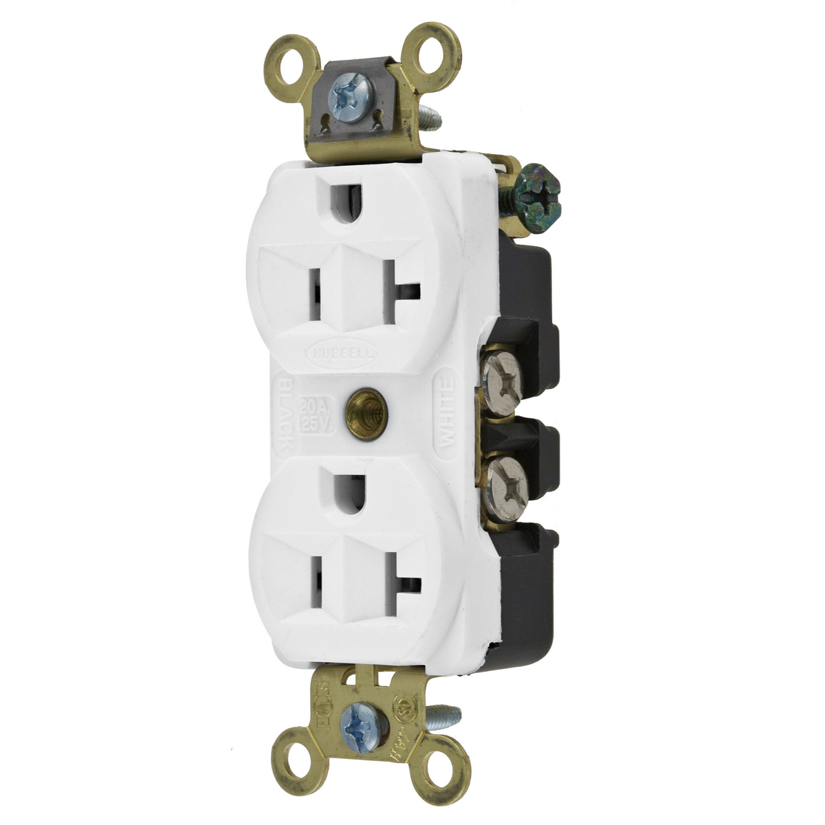 HBL5352W 1-Phase Compact Duplex Extra Heavy Duty Self-Grounding Screw Mount Straight Blade Receptacle, 125 V AC, 20 A, 2 Poles, 3 Wires, White