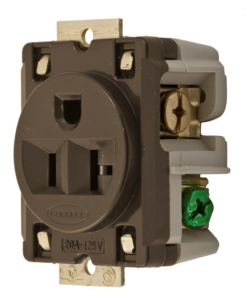HBL5357 1-Phase Extra Heavy Duty Single Standard Panel Mount Straight Blade Receptacle, 125 V AC, 20 A, 2 Poles, 3 Wires, Brown
