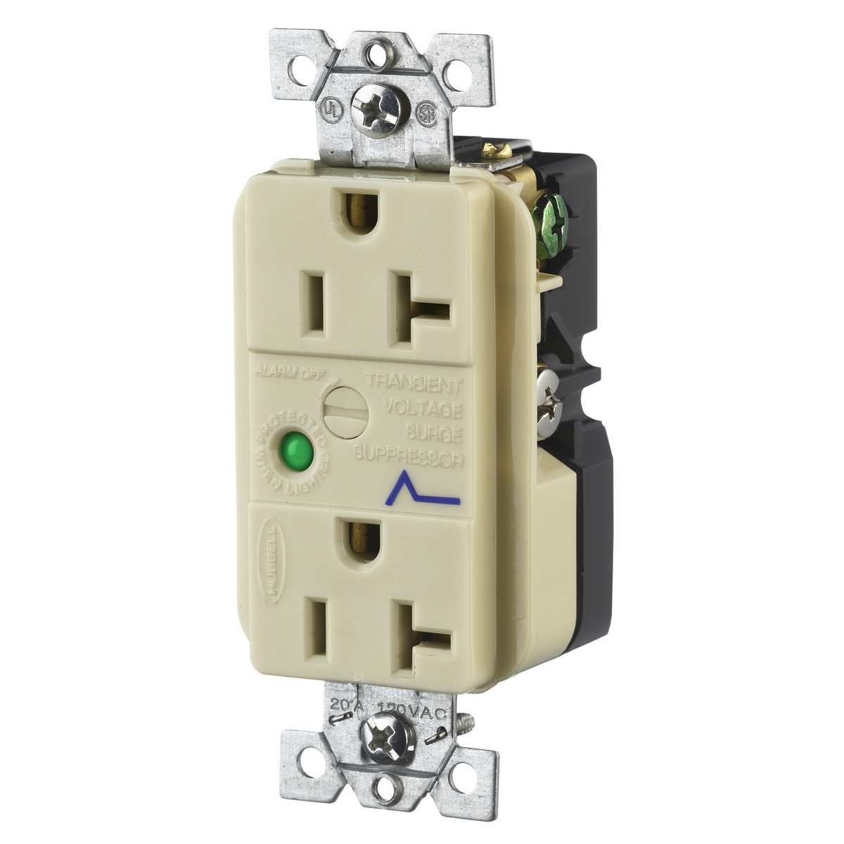HBL5360ISA Decorator Duplex Specification Grade Standard Surge Protection Receptacle With Light, 125 V AC, 20 A, 60 Hz, 1 Phase
