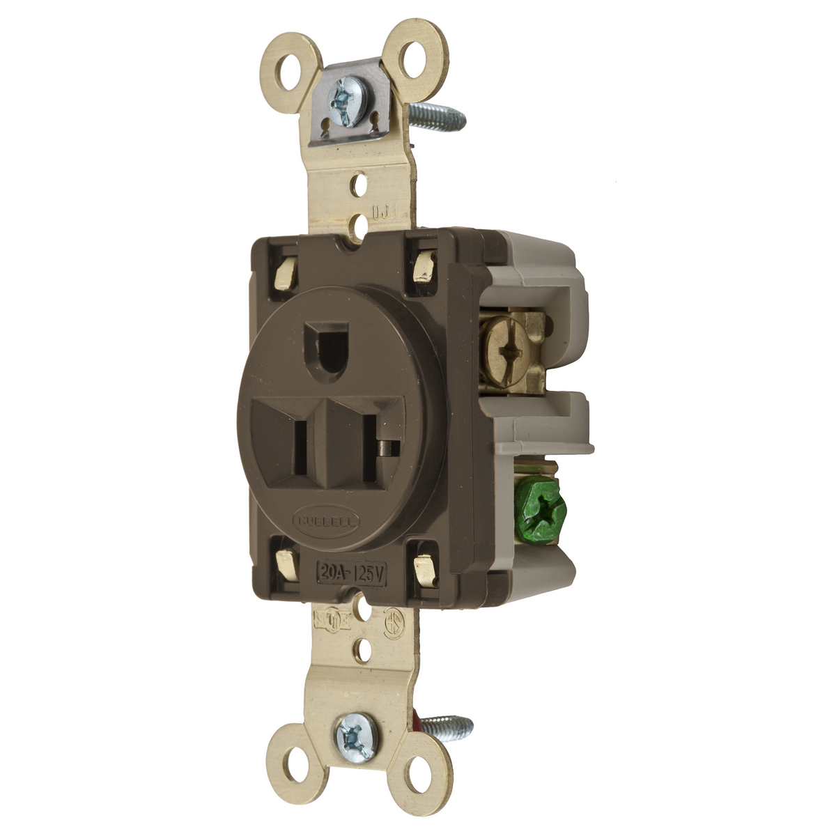 HBL5361 1-Phase Single Extra Heavy Duty Self-Grounding Screw Mount Straight Blade Receptacle, 125 V AC, 20 A, 2 Poles, 3 Wires, Brown