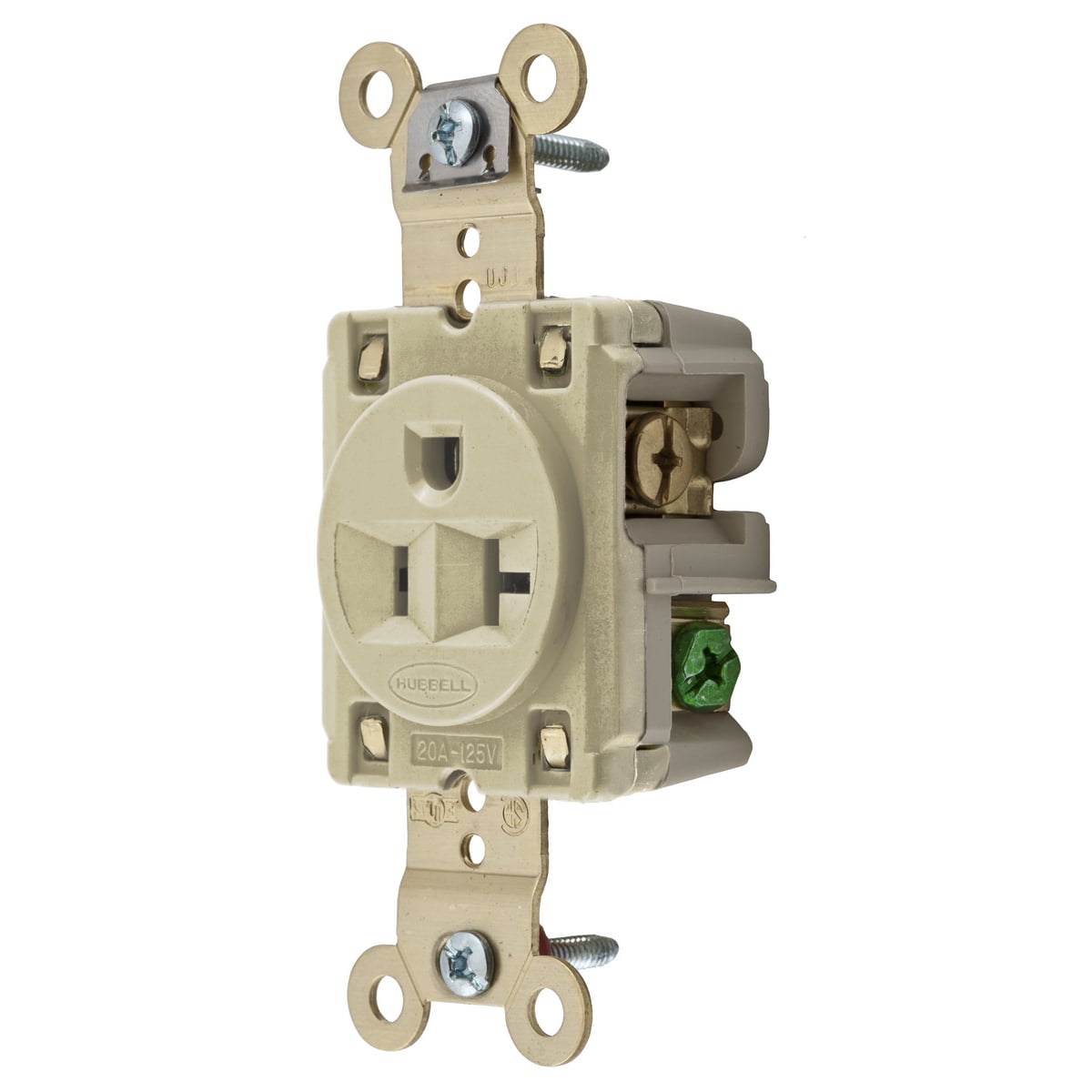 HBL5361I HBL 1-Phase Extra Heavy Duty Self-Grounding Single Screw Mount Straight Blade Receptacle, 125 V AC, 20 A, 2 Poles, 3 Wires, Ivory