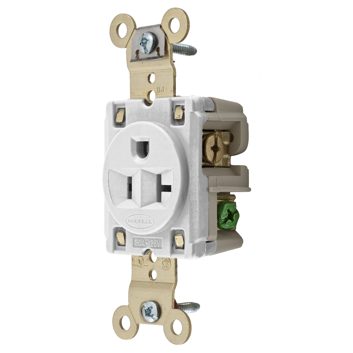 HBL5361W 1-Phase Extra Heavy Duty Single Screw Mount Straight Blade Receptacle, 125 V AC, 20 A, 2 Poles, 3 Wires, White