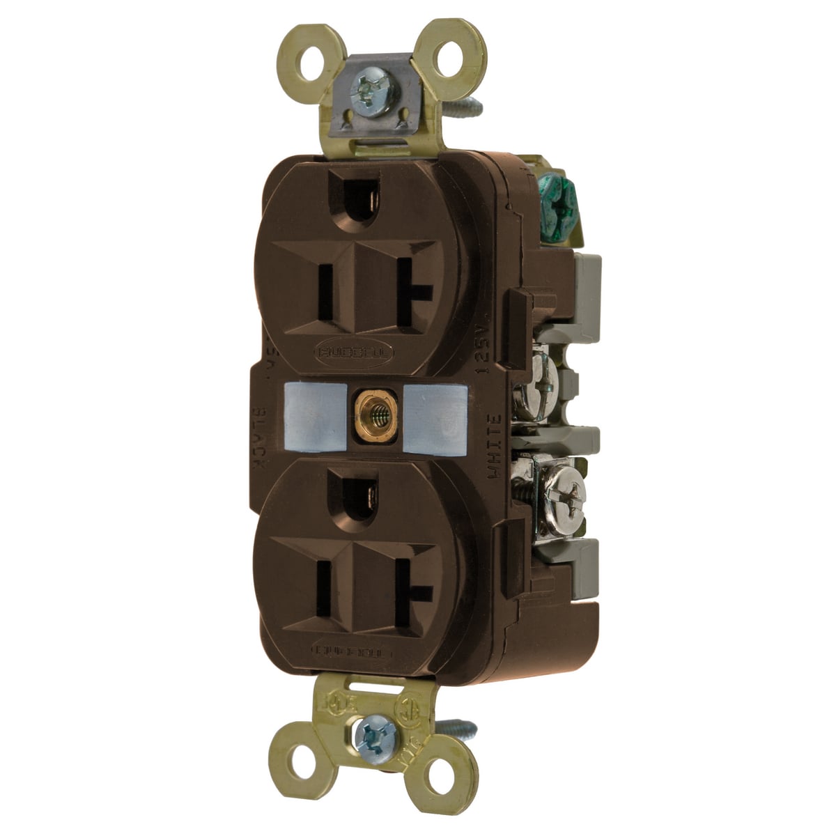HBL5362 1-Phase Duplex Extra Heavy Duty Self-Grounding Screw Mount Straight Blade Receptacle, 125 V AC, 20 A, 2 Poles, 3 Wires, Brown