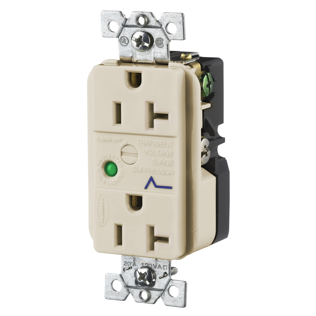 HBL5362ALSA 2-Pole 3-Wire TVSS Standard Decorator Duplex Surge Suppression Receptacle With Light and Alarm, 125 VAC, 20 A, 60 Hz, 1 Phase