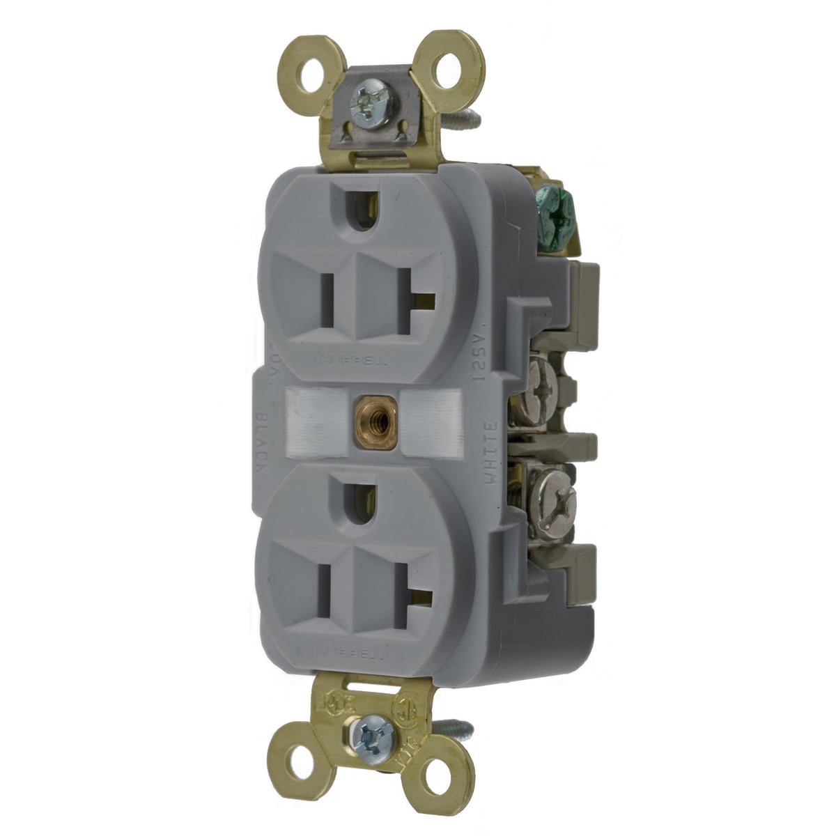 HBL5362GY 1-Phase Duplex Extra Heavy Duty Self-Grounding Standard Traditional Screw Mount Straight Blade Receptacle, 125 V AC, 20 A, 2 Poles, 3 Wires, Gray