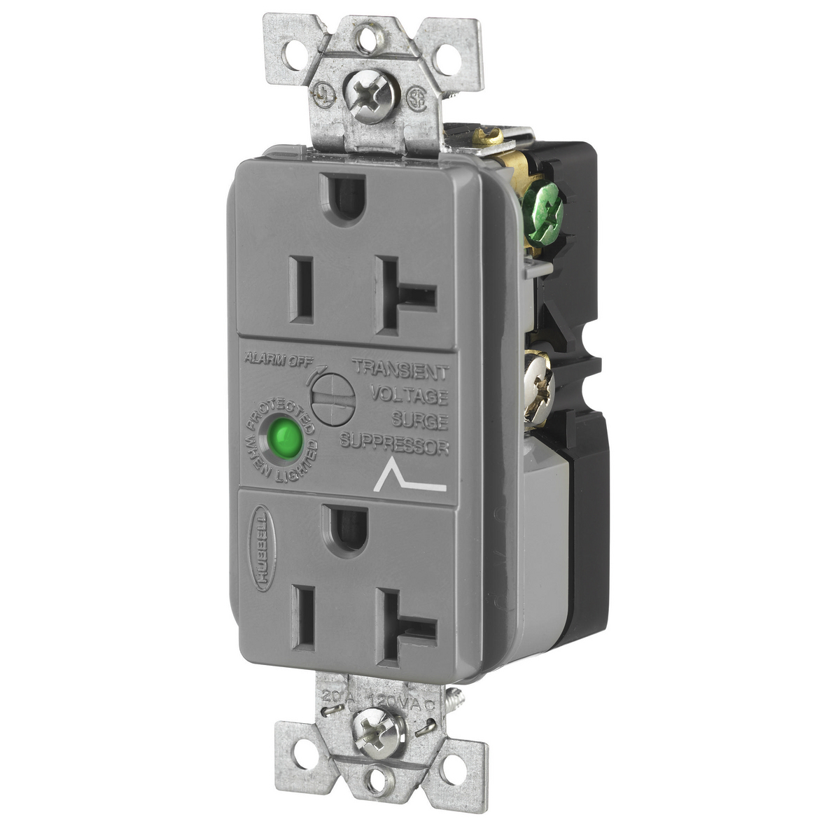 HBL5362GYSA Decorator Duplex Specification Grade Standard Surge Protection Receptacle, 125 V AC, 20 A, 60 Hz, 1 Phase
