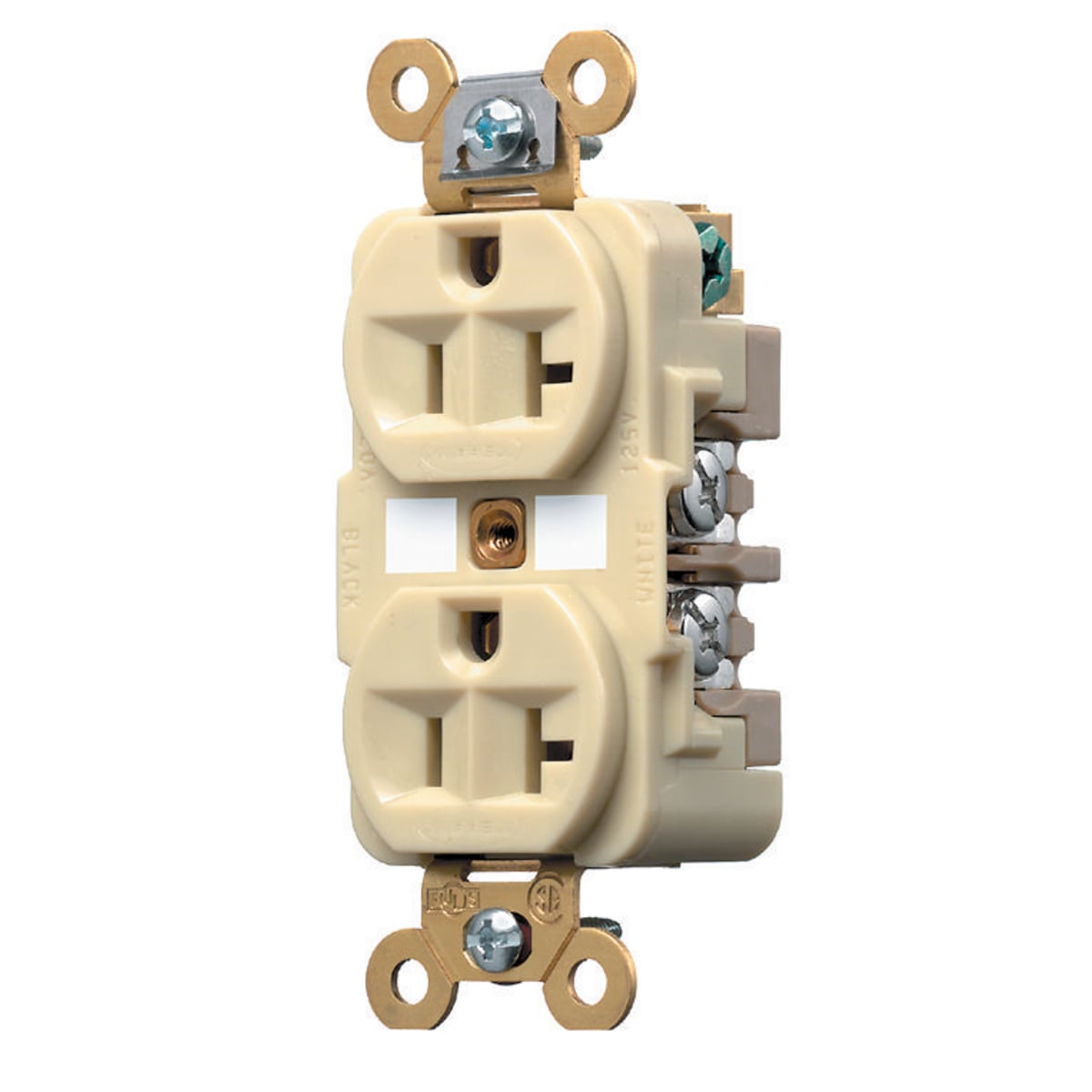 HBL5362I 1-Phase Duplex Grounding Heavy Duty Standard Screw Mount Straight Blade Receptacle, 125 V AC, 20 A, 2 Poles, 3 Wires, Ivory