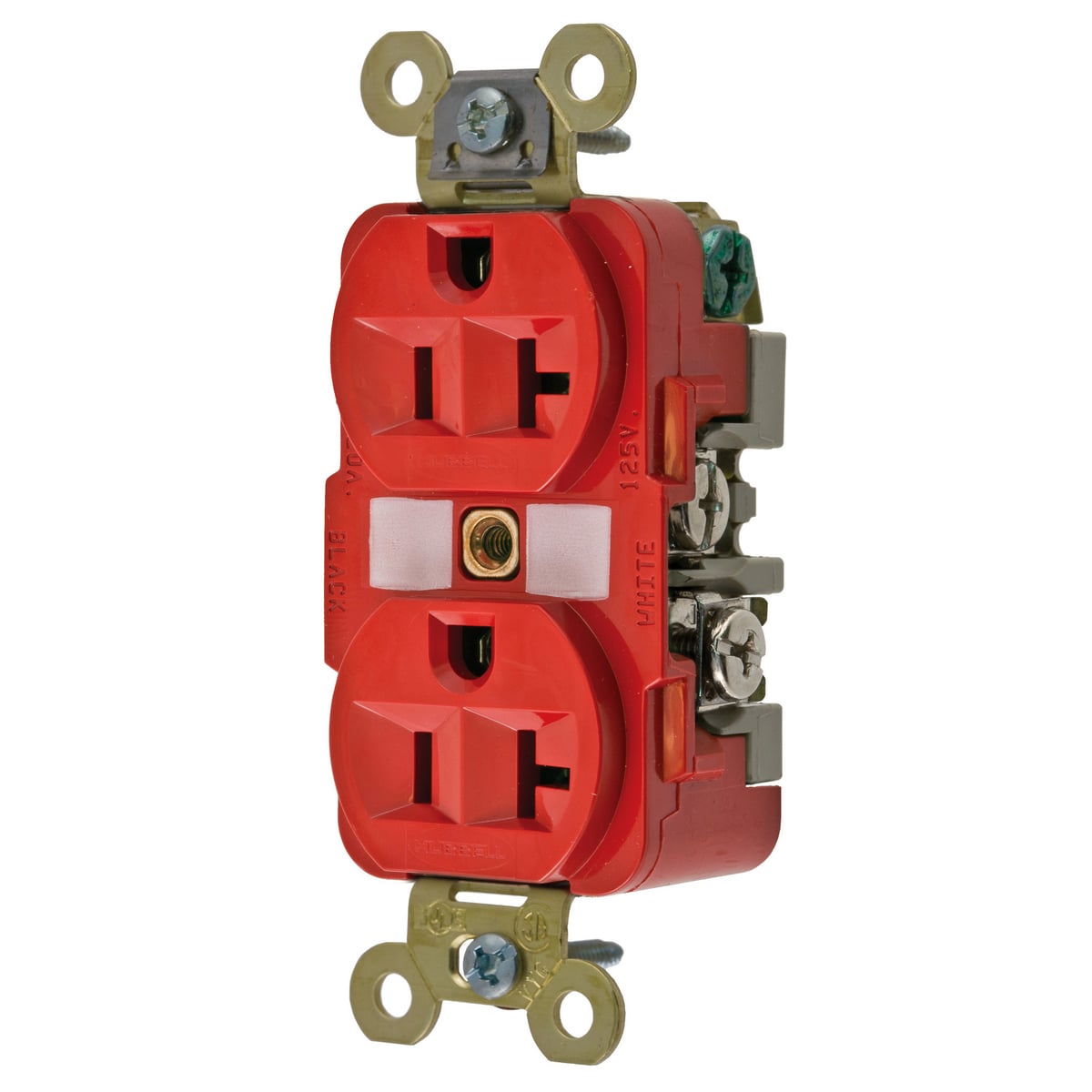 HBL5362R HBL 1-Phase Duplex Grounding Heavy Duty Standard Screw Mount Straight Blade Receptacle, 125 V AC, 20 A, 2 Poles, 3 Wires, Red