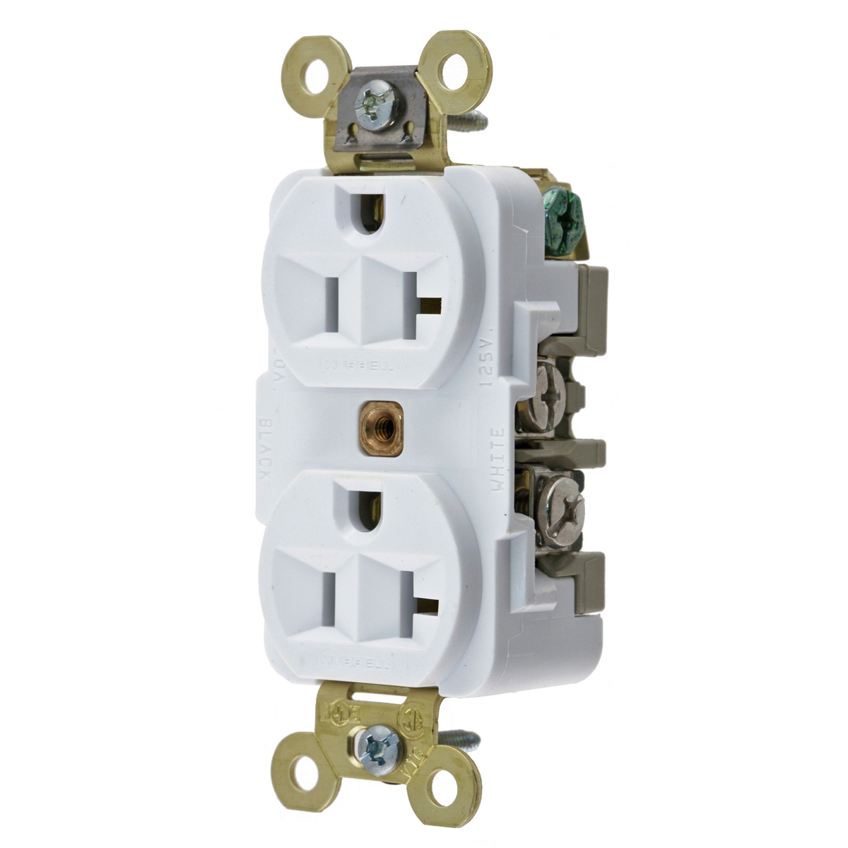 HBL5362W HBL 1-Phase Duplex Grounding Heavy Duty Screw Mount Straight Blade Receptacle, 125 V AC, 20 A, 2 Poles, 3 Wires, White