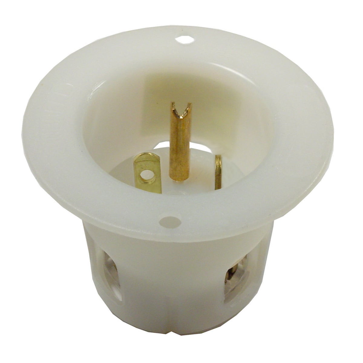 HBL5378C 1-Phase Extra Heavy Duty Male Grounding Screw Mount Straight Blade Flanged Inlet, 125 V AC, 20 A, 2 Poles, 3 Wires, White