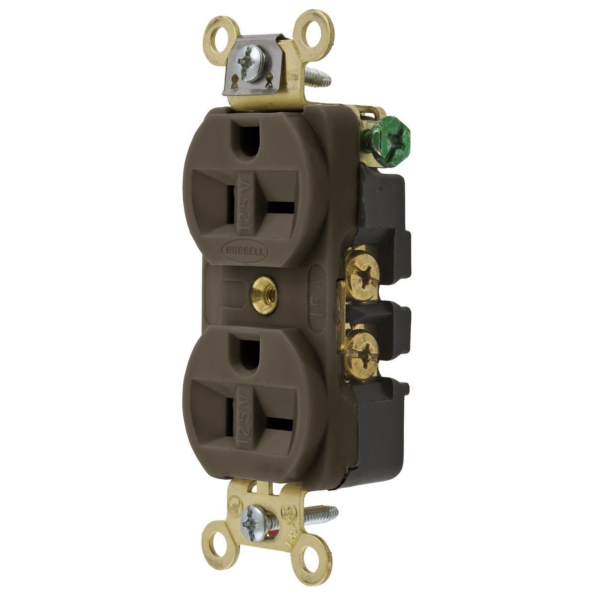 HBL5392 1-Phase Combination Duplex Heavy Duty Standard Screw Mount Straight Blade Receptacle, 125 V AC, 20 A, 2 Poles, 3 Wires, Brown
