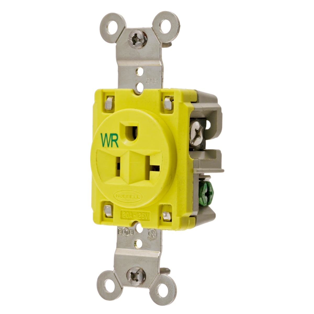 HBL53CM61 1-Phase Corrosion Resistant Extra Heavy Duty Isolated Ground Single Standard Screw Mount Straight Blade Receptacle, 125 V AC, 20 A, 2 Poles, 3 Wires, Yellow