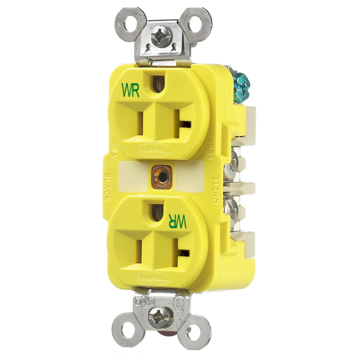 HBL53CM62 1-Phase Corrosion Resistant Grounding Extra Heavy Duty Screw Mount Straight Blade Duplex Receptacle, 125 V AC, 20 A, 2 Poles, 3 Wires, Yellow