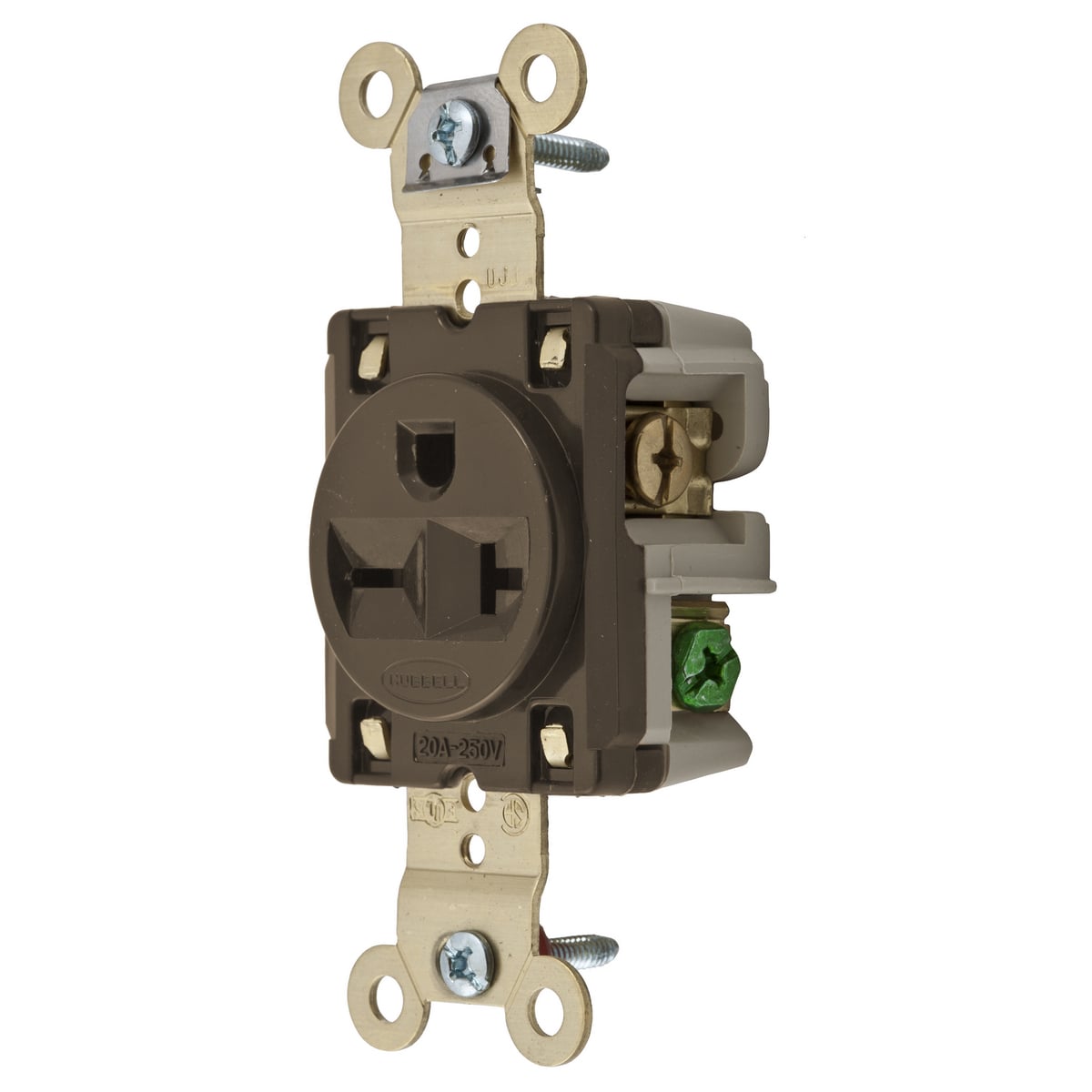 HBL5461 1-Phase Extra Heavy Duty Self-Grounding Single Screw Mount Straight Blade Receptacle, 250 V AC, 20 A, 2 Poles, 3 Wires, Brown