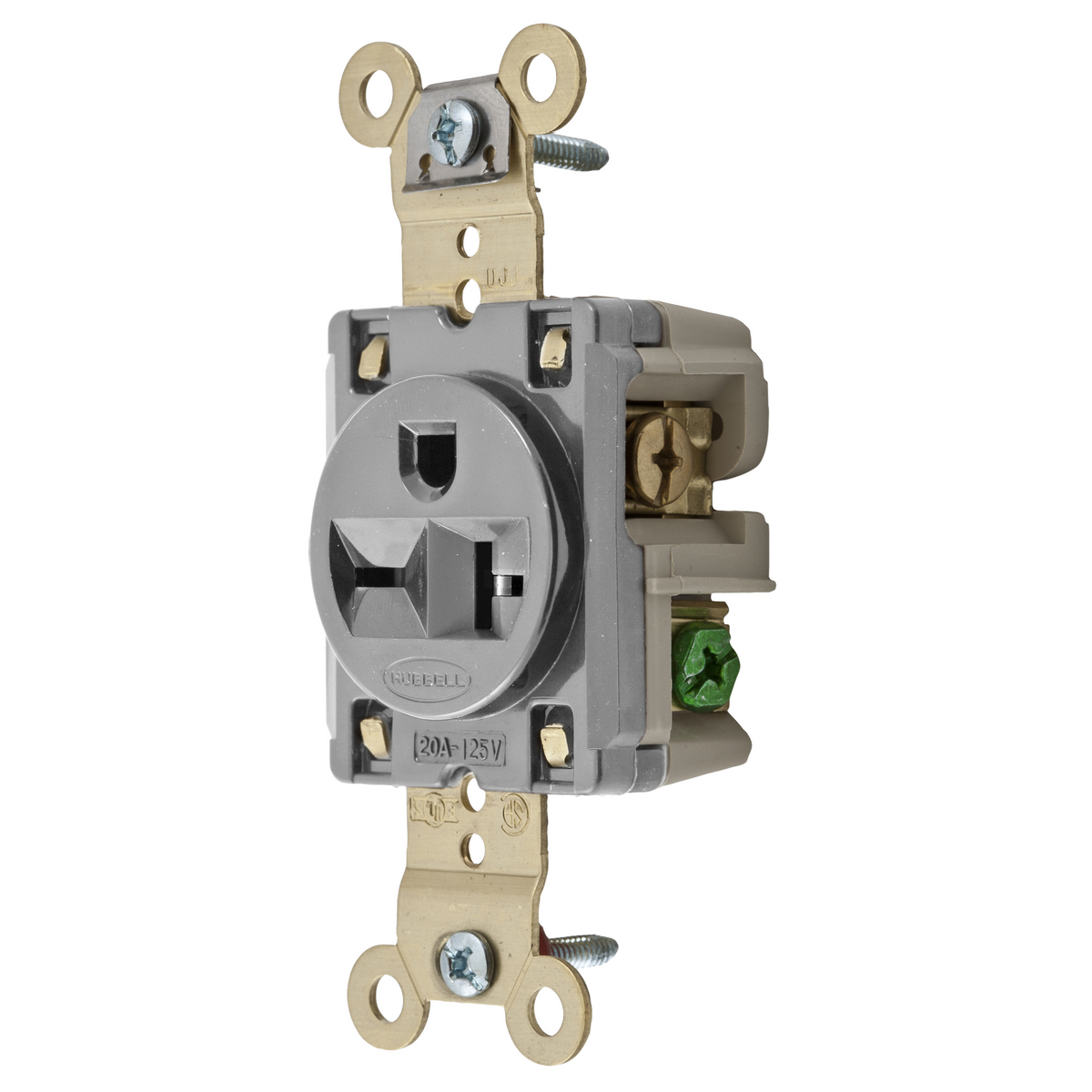 HBL5461GY 1-Phase Grounding Heavy Duty Screw Mount Straight Blade Single Receptacle, 250 V AC, 20 A, 2 Poles, 3 Wires, Gray