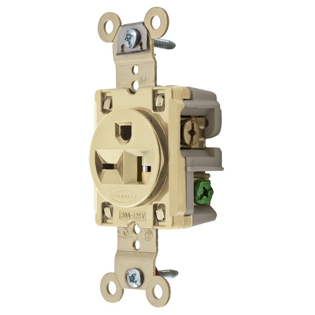 HBL5461I 1-Phase Extra Heavy Duty Self-Grounding Single Screw Mount Straight Blade Receptacle, 250 V AC, 20 A, 2 Poles, 3 Wires, Ivory