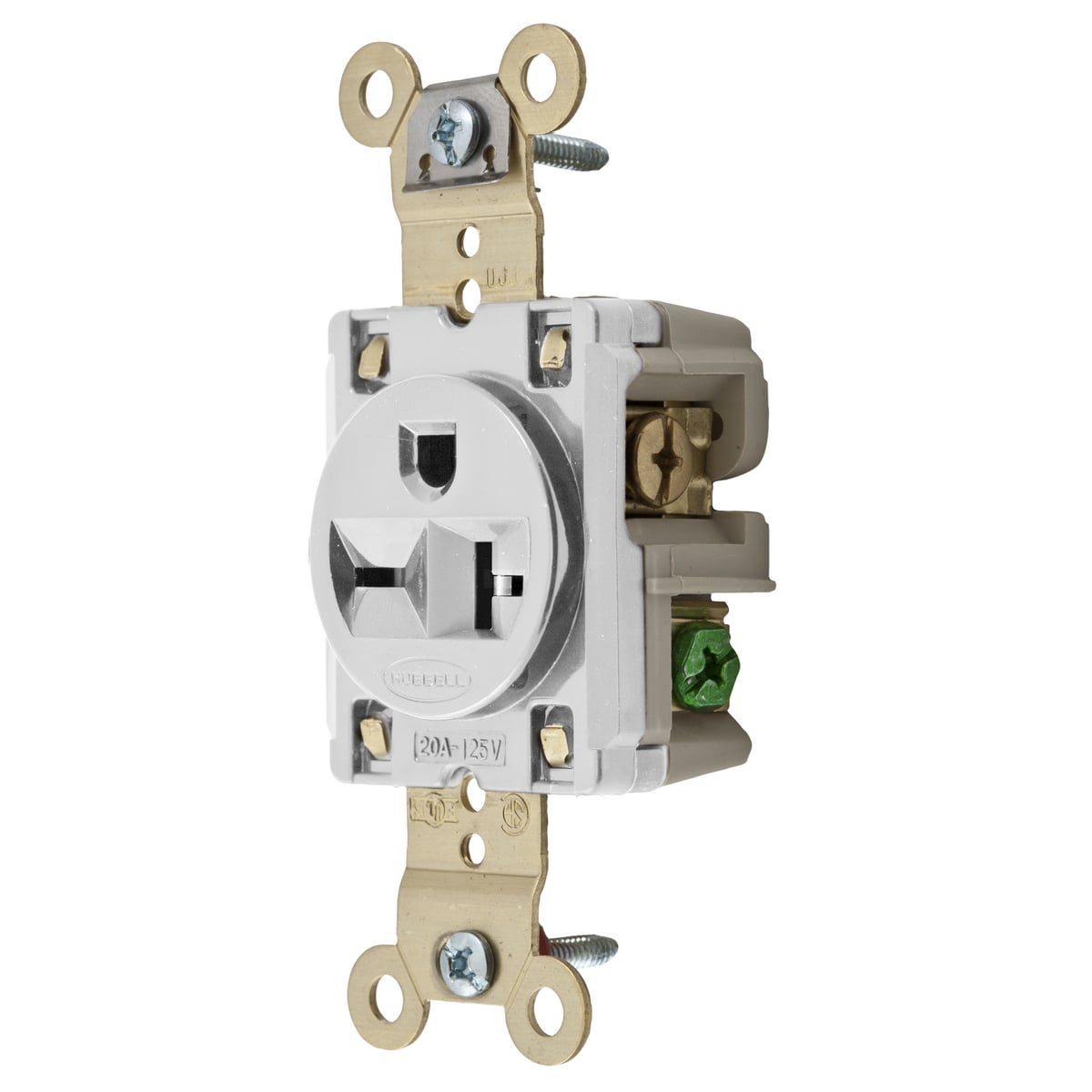 HBL5461W 1-Phase Heavy Duty Single Self-Grounding Screw Mount Straight Blade Receptacle, 250 V AC, 20 A, 2 Poles, 3 Wires, White