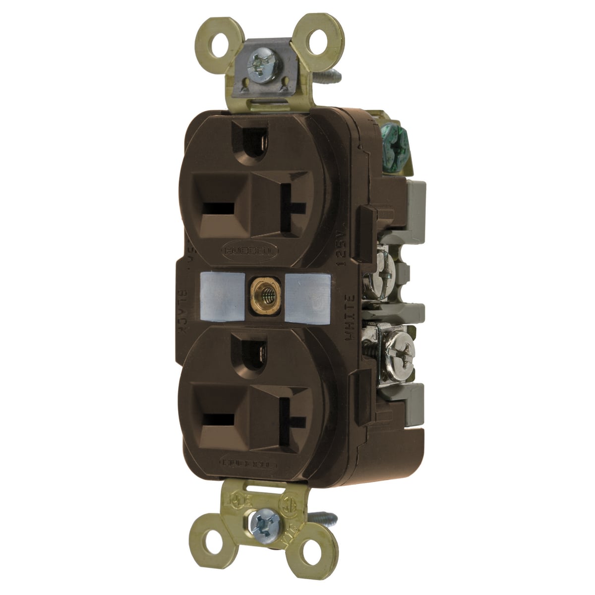 HBL5462 1-Phase Duplex Extra Heavy Duty Self-Grounding Screw Mount Straight Blade Receptacle, 250 V AC, 20 A, 2 Poles, 3 Wires, Brown