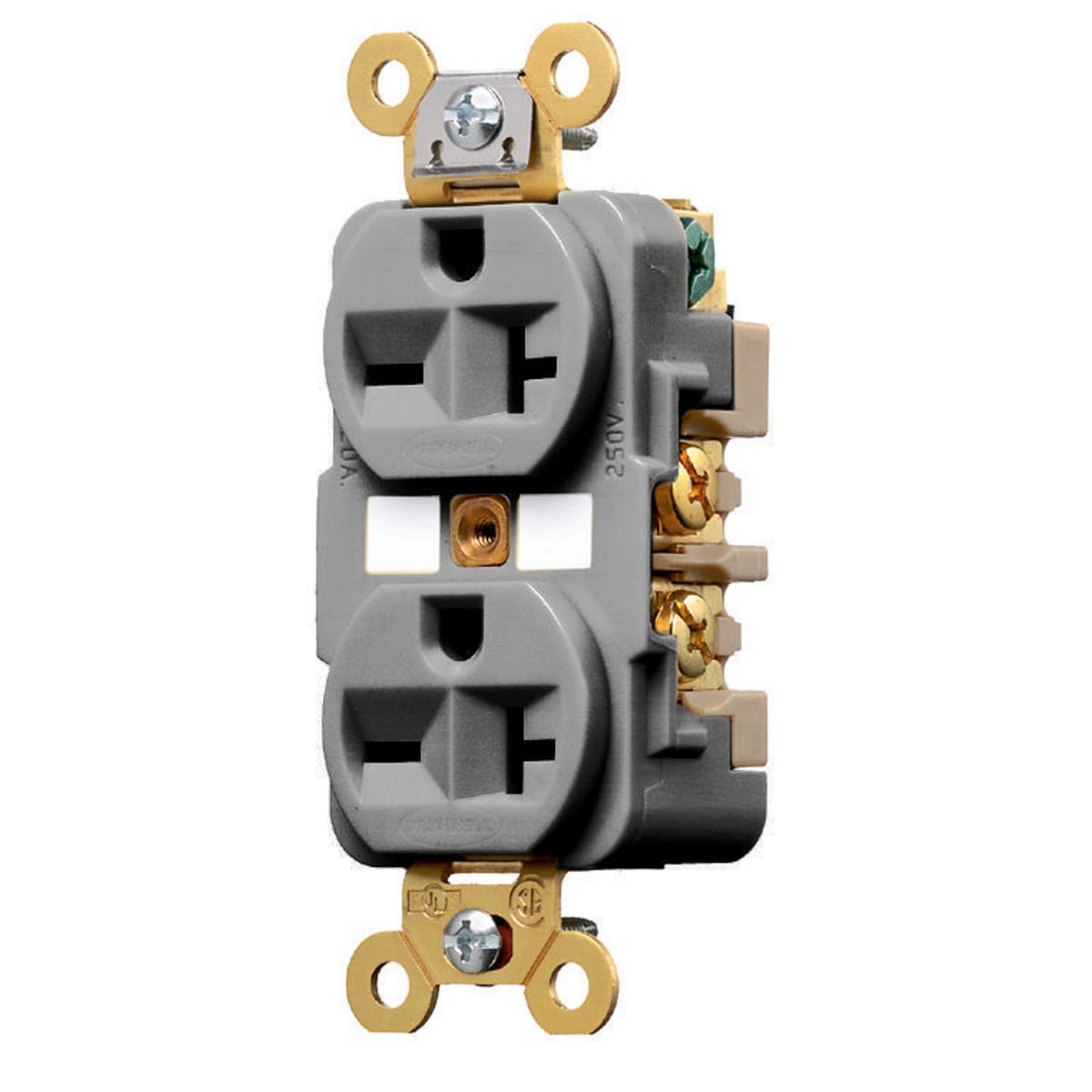 HBL5462GY 1-Phase Grounding Extra Heavy Duty Screw Mount Straight Blade Duplex Receptacle, 250 V AC, 20 A, 2 Poles, 3 Wires, Gray