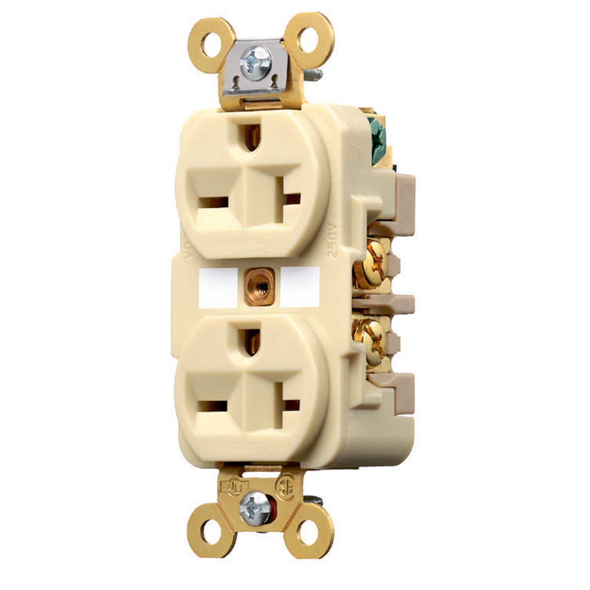 HBL5462I 1-Phase Duplex Extra Heavy Duty Self-Grounding Screw Mount Straight Blade Receptacle, 250 V AC, 20 A, 2 Poles, 3 Wires, Ivory