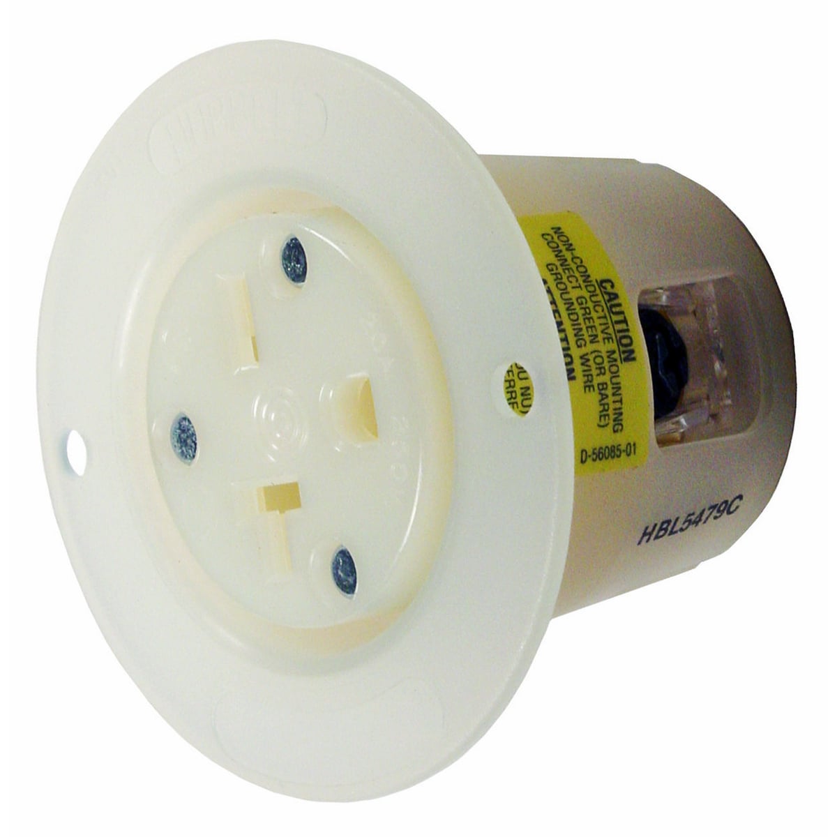 HBL5479C 1-Phase Flanged Standard Sized Screw Mount Straight Blade Receptacle, 250 V AC, 20 A, 2 Poles, 3 Wires, White