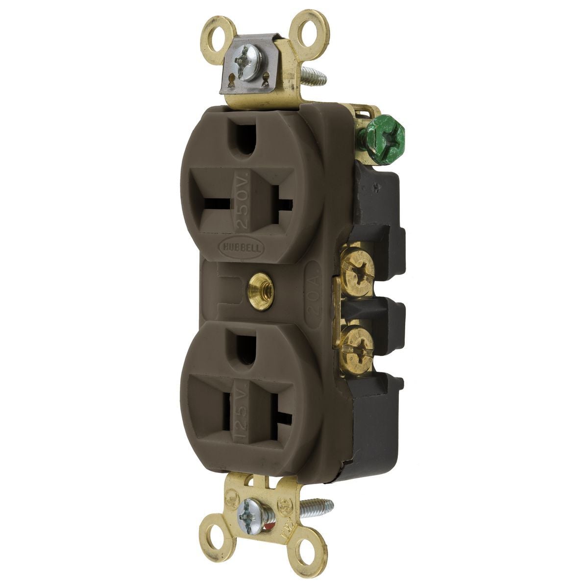 HBL5492 Standard Grounding Heavy Duty Straight Blade Duplex Receptacle, 125/250 V, 20 A, 2 Poles, 3 Wires, Brown