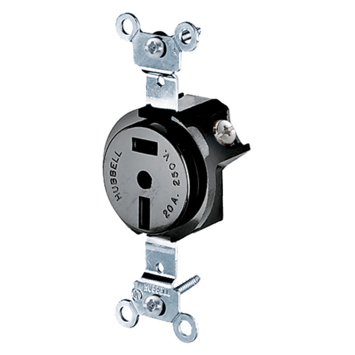 HBL5552B 1-Phase Heavy Duty Screw Mount Straight Blade Single Receptacle, 250 V AC, 20 A, 2 Poles, 2 Wires, Black