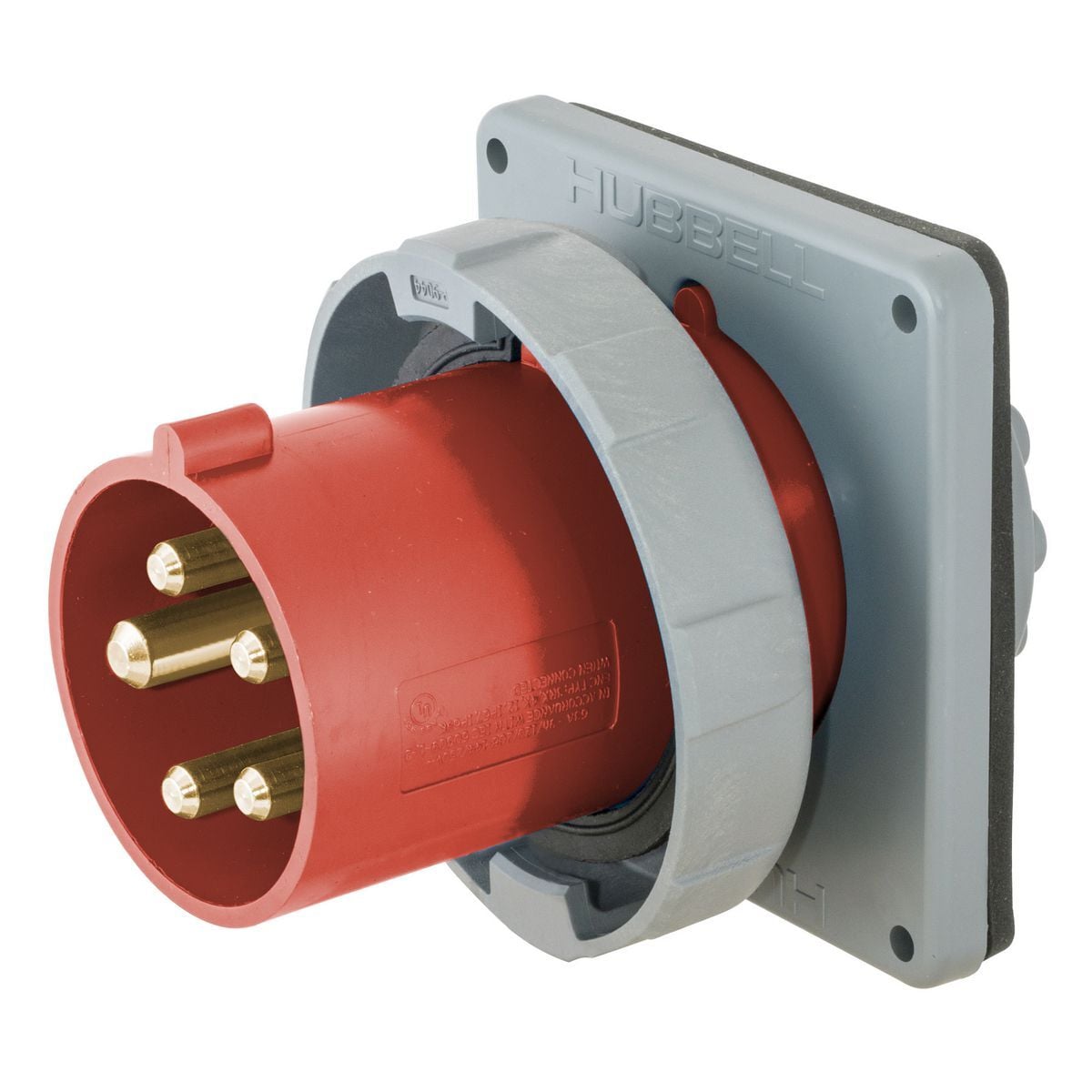 HBL560B7W 3-Phase Flanged Male Single Standard Watertight Screw Mount Pin and Sleeve Inlet, 277/480 V AC, 60 A, 4 Poles, 5 Wires, Red