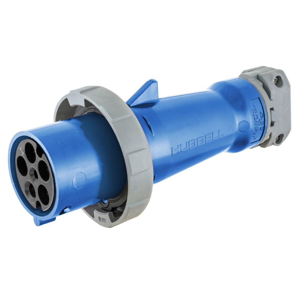 HBL560P9WR 3-Phase Grounding Heavy Duty Male Non-NEMA Portable Reversed Service Standard Watertight Cord Mount Pin and Sleeve Plug, 120/208 V AC, 60 A, 4 Poles, 5 Wires, Blue