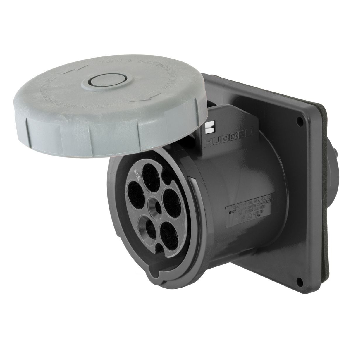 HBL560R5W 3-Phase Female Single Flanged Watertight Screw Mount Pin and Sleeve Receptacle, 347/600Y V AC, 60 A, 4 Poles, 5 Wires, Black