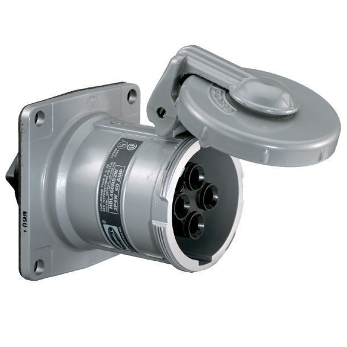 HBL560RS1W 3-Phase Female Insulated Single Flanged Watertight Screw Mount Pin and Sleeve Receptacle, 600 V AC, 60 A, 4 Poles, 5 Wires, Black/Gray
