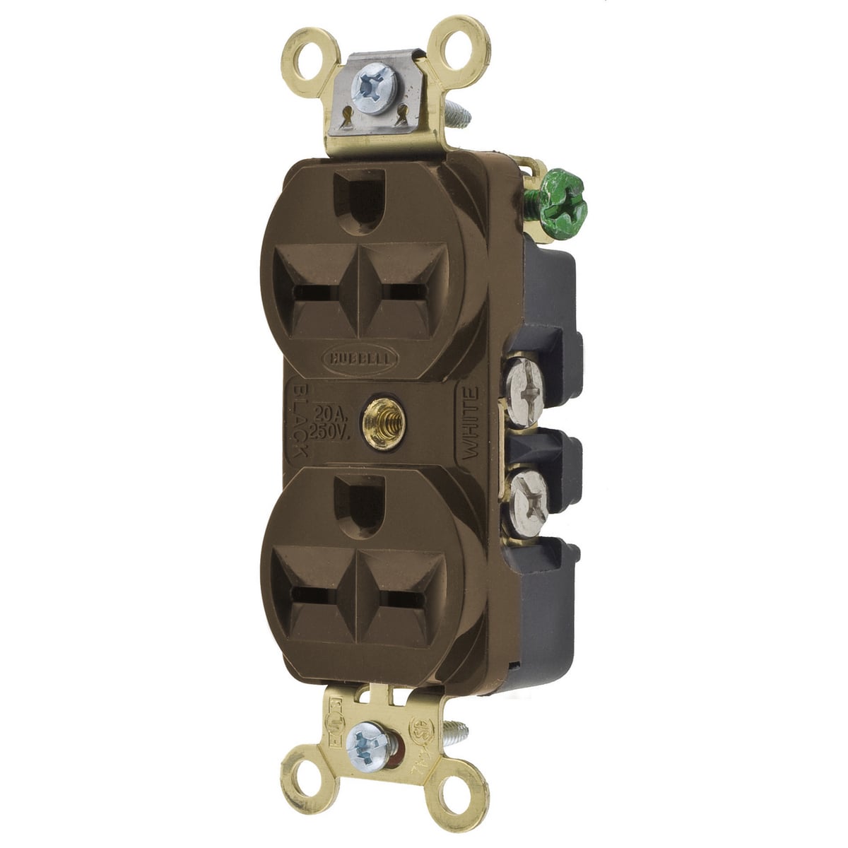 HBL5652 1-Phase Duplex Extra Heavy Duty Self-Grounding Standard Traditional Screw Mount Straight Blade Receptacle, 250 V AC, 15 A, 2 Poles, 3 Wires, Brown