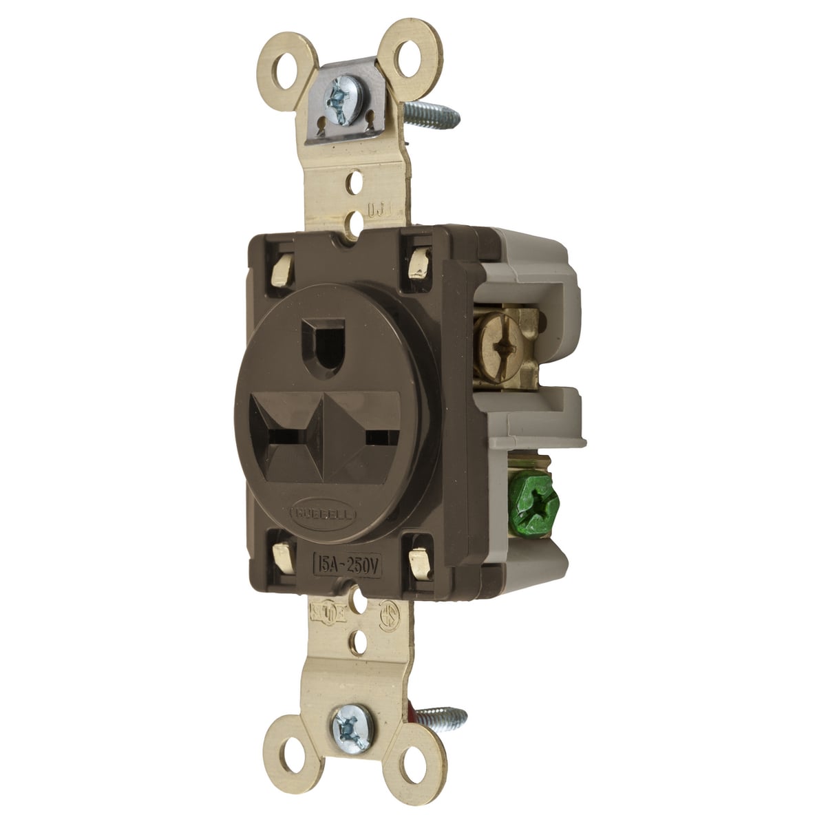 HBL5661 1-Phase Extra Heavy Duty Grounding Single Screw Mount Straight Blade Receptacle, 250 V AC, 15 A, 2 Poles, 3 Wires, Brown