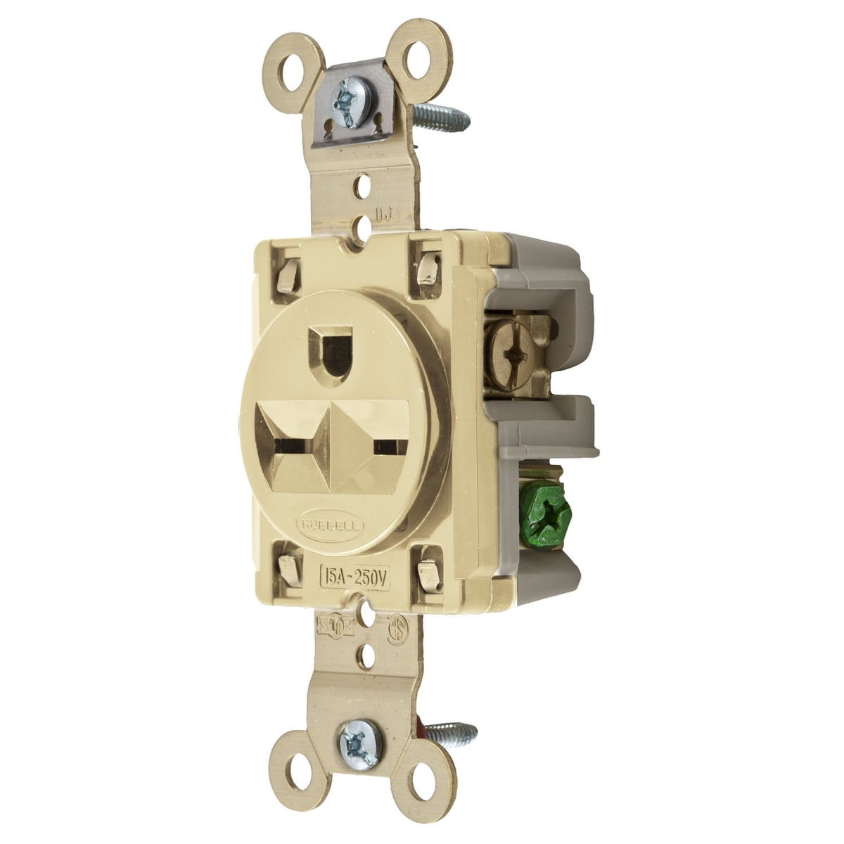 HBL5661I 1-Phase Extra Heavy Duty Grounding Single Standard Screw Mount Straight Blade Receptacle, 250 V AC, 15 A, 2 Poles, 3 Wires, Ivory