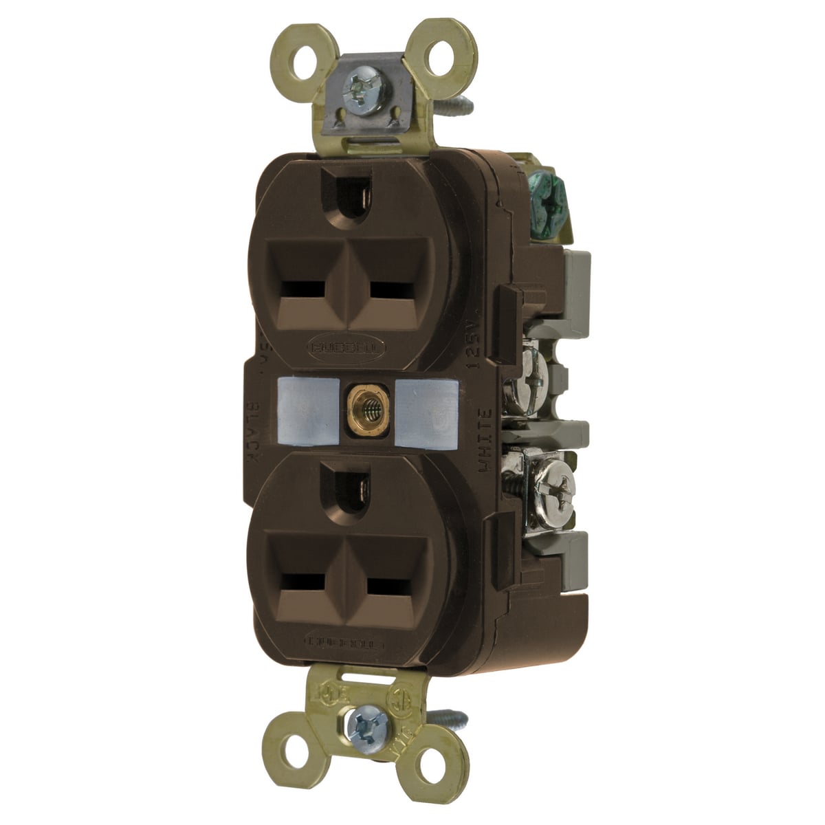 HBL5662 1-Phase Duplex Extra Heavy Duty Grounding Screw Mount Straight Blade Receptacle, 250 V AC, 15 A, 2 Poles, 3 Wires, Brown