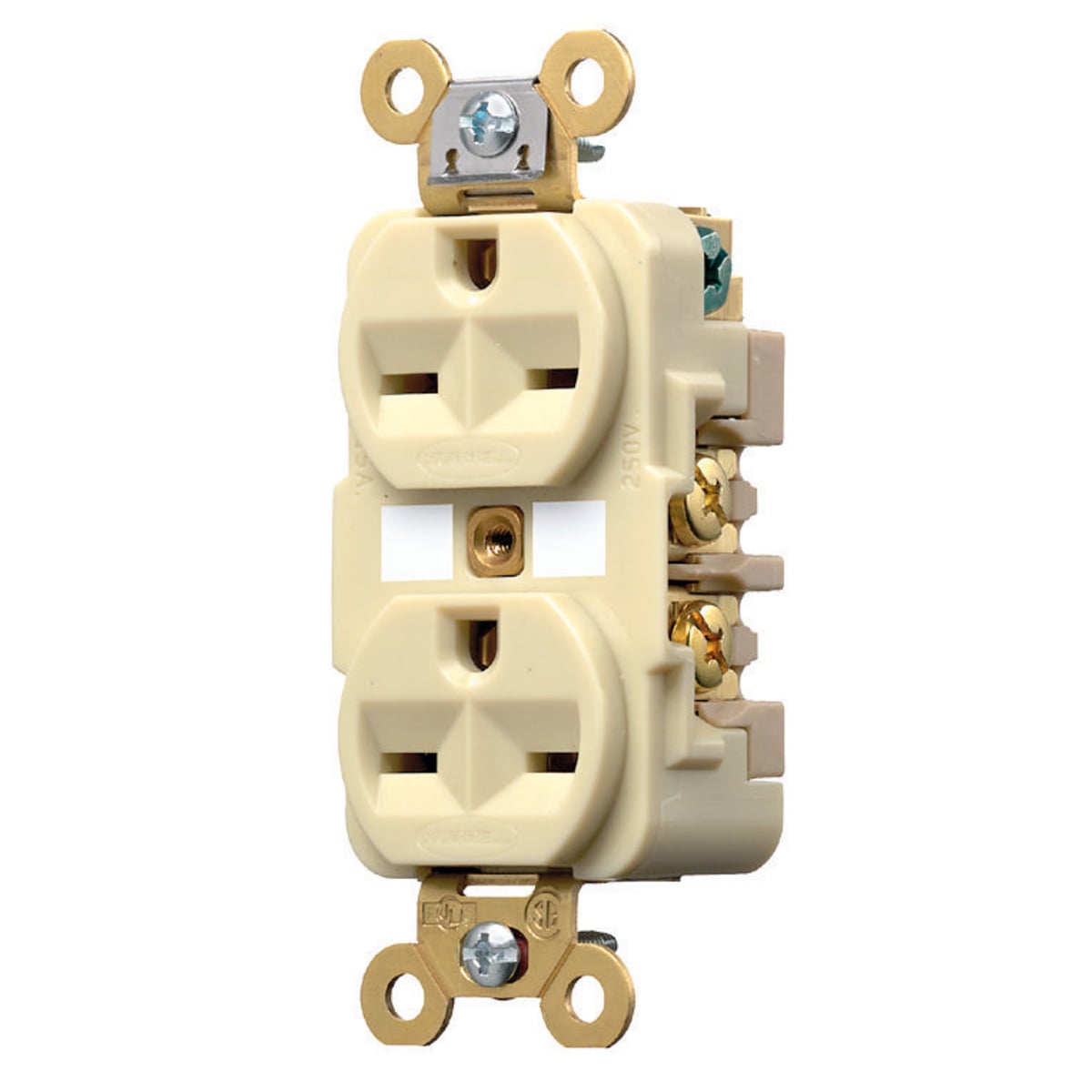 HBL5662I 1-Phase Duplex Extra Heavy Duty Grounding Standard Traditional Screw Mount Straight Blade Receptacle, 250 V AC, 15 A, 2 Poles, 3 Wires, Ivory