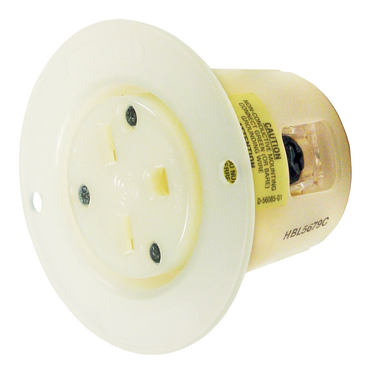 HBL5679C 1-Phase Flanged Standard Sized Screw Mount Straight Blade Receptacle, 250 V AC, 15 A, 2 Poles, 3 Wires, White