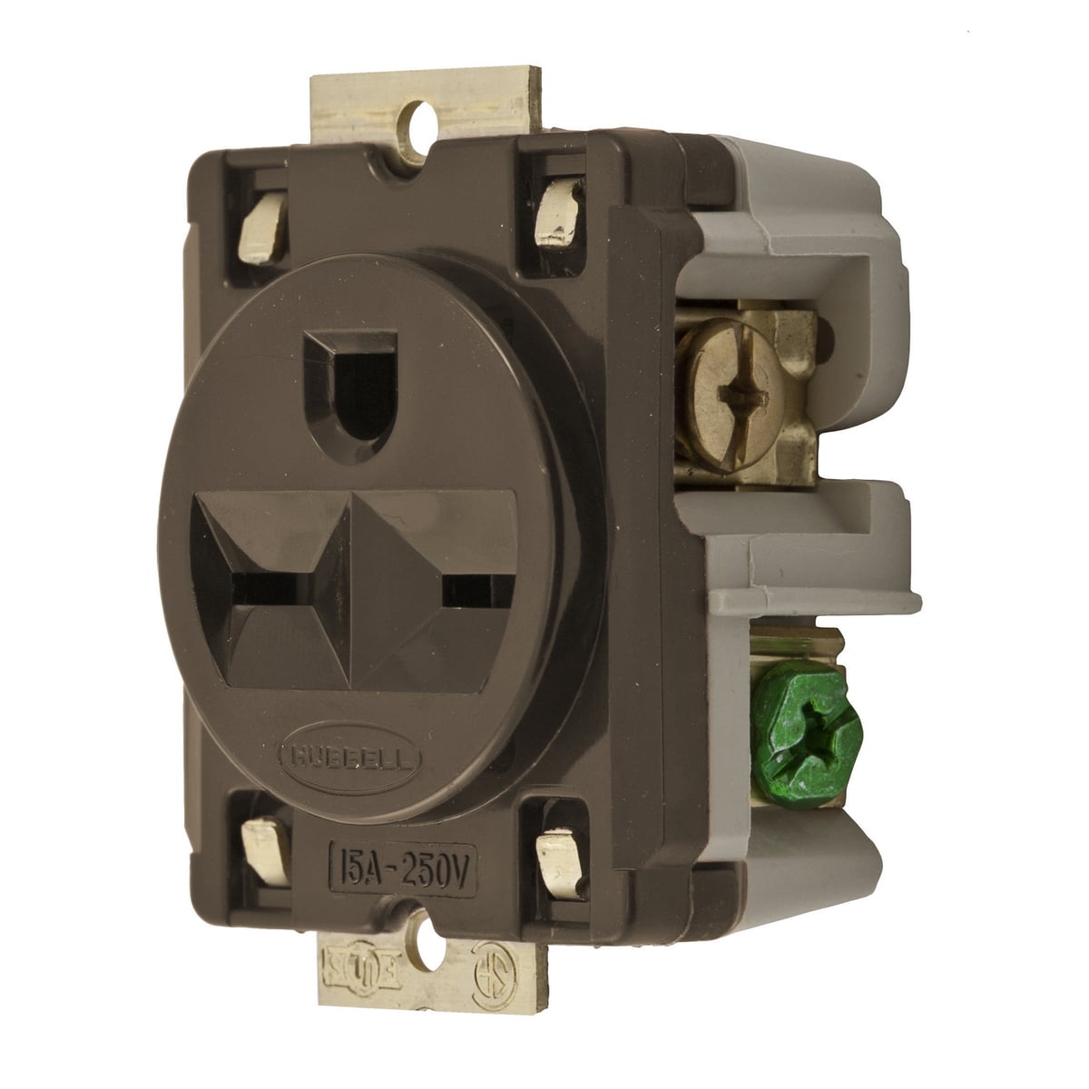 HBL5684 1-Phase Extra Heavy Duty Grounding Standard Sized Screw Mount Straight Blade Receptacle, 250 V AC, 15 A, 2 Poles, 3 Wires, Brown
