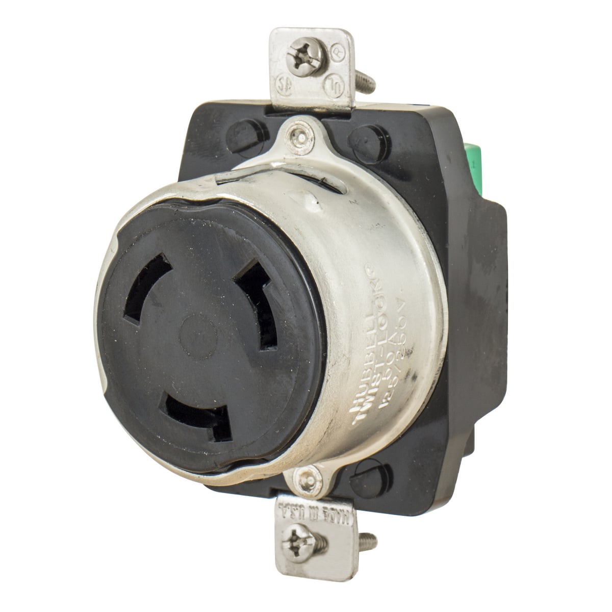 HBL63CM69 HBL 1-Phase Grounding Single Screw Mount Locking Receptacle, 125/250 V AC, 50 A, 3 Poles, 4 Wires, Yellow
