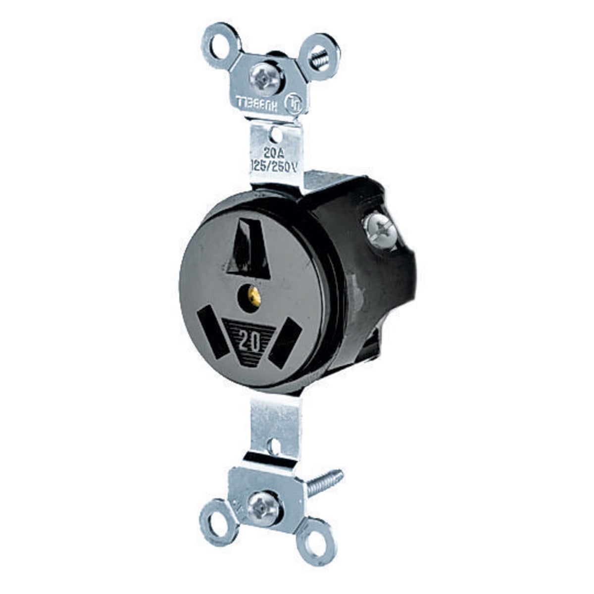 HBL6810 1-Phase Extra Heavy Duty Non-Grounding Standard Screw Mount Straight Blade Receptacle, 125/250 V AC, 20 A, 3 Poles, 3 Wires, Black