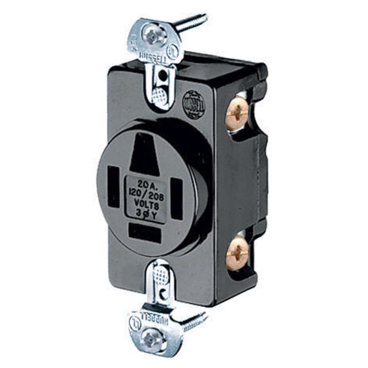 HBL7250 3-Phase Extra Heavy Duty Impact-Resistant Non-Grounding Standard Screw Mount Straight Blade Receptacle, 120/208 V AC, 20 A, 4 Poles, 4 Wires, Black