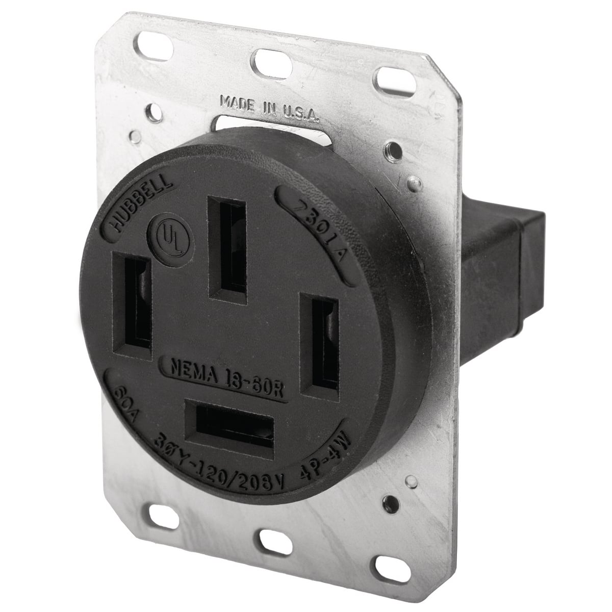 HBL7301A 3-Phase Heavy Duty Non-Grounding Standard Screw Mount Straight Blade Receptacle, 120/208 V AC, 60 A, 4 Poles, 4 Wires, Black