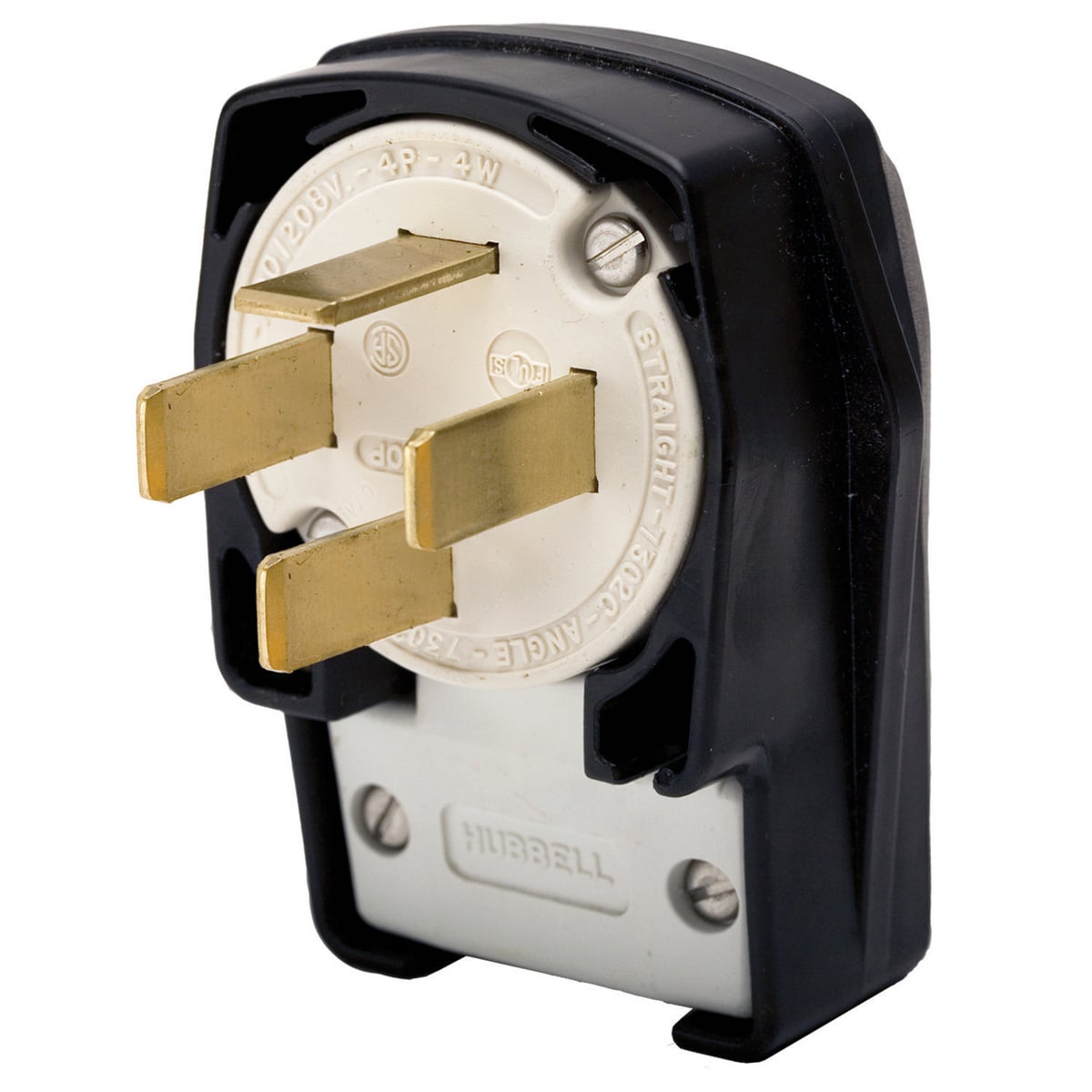 HBL7302C 3-Phase Angled Heavy Duty Non-Grounding Male Cord Mount Straight Blade Plug, 120/208 V AC, 60 A, 4 Poles, 4 Wires, Black