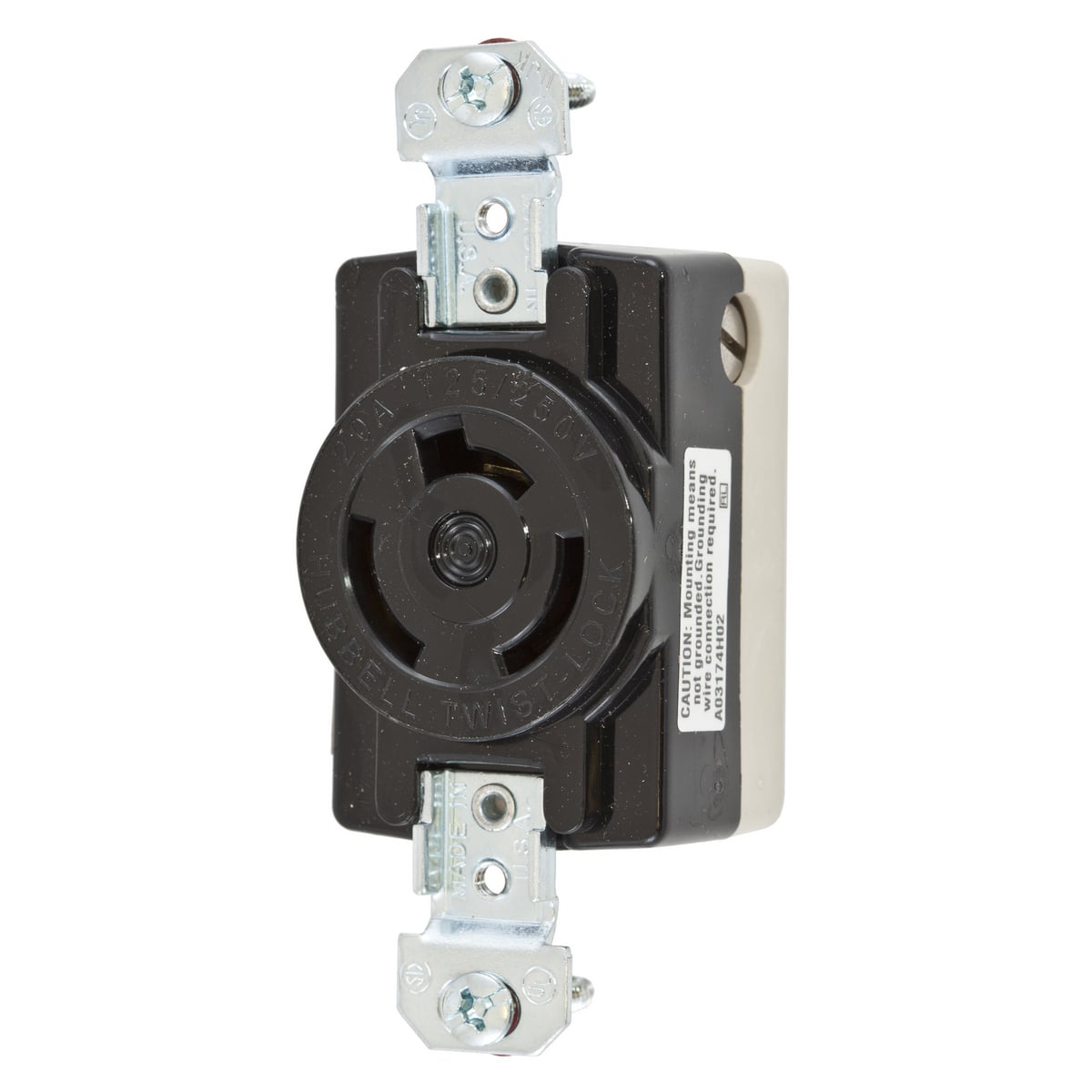 HBL7310B 1-Phase Heavy Duty Single Screw Mount Locking Receptacle, 125/250 V AC, 20 A, 3 Poles, 3 Wires, Black